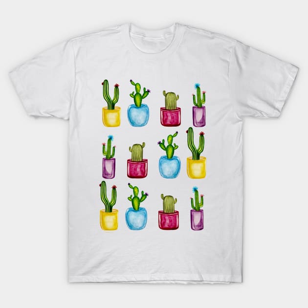 Vibrant Cactus Watercolor Pattern T-Shirt by kuallidesigns